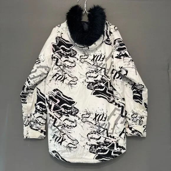 Fox Racing White Snowboarding Jacket Fur Hood Size Medium Cotton Poly Blend